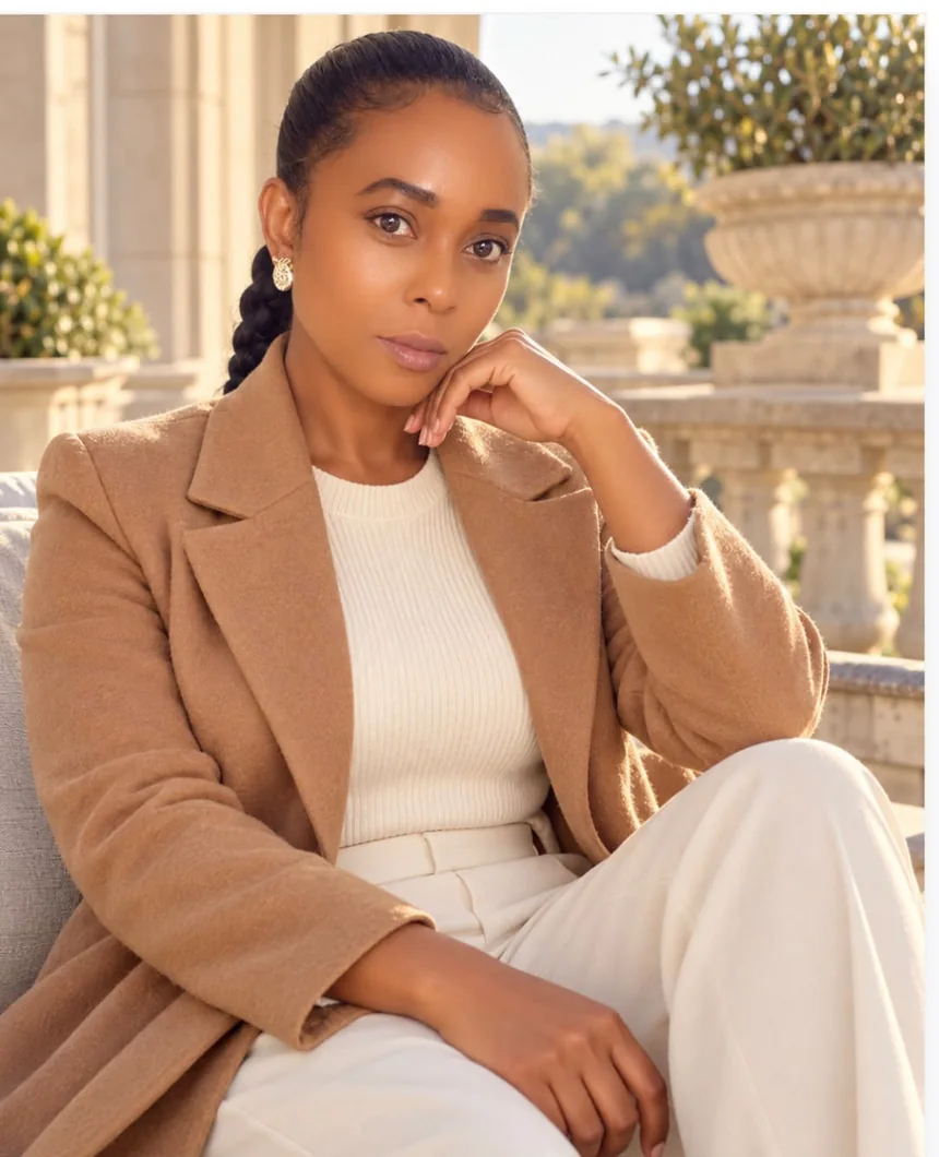 Daphne Sawyerr wearing a camel coat, founder of Daphne's Career Development